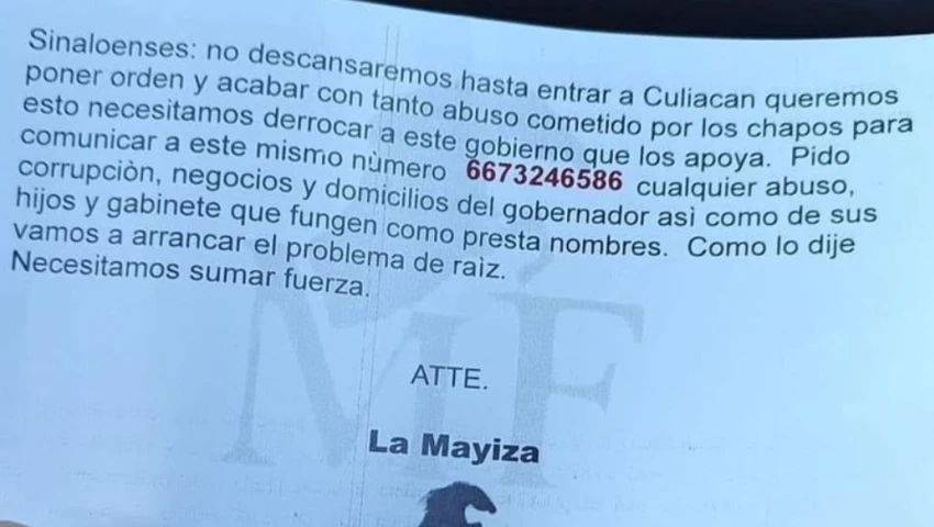 Con avioneta, la Mayiza "lanza" acusaciones contra Los Chapitos y el gobernador Rubén Rocha Moya