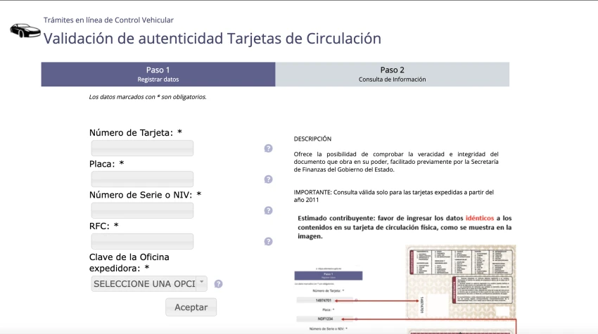 Validar tarjeta de circulación Edomex